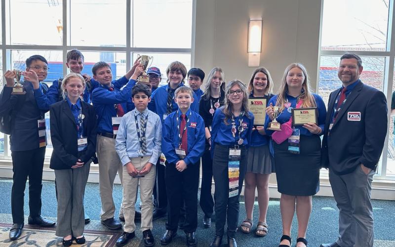 HCMS TSA - Pictured are the HCMS TSA members, from left to right. Kennedy Luong, Kenzie McDuffie, Henley Skelton, Case Cothran, Steve Franco, Jyrese Quillian, Garrett Ray, Connor Lewis, Johnson Dang, Amelia Robertson, Zoe Brown, Evie McCurley, Karlee Gaines, and advisor Joshua McCurley.