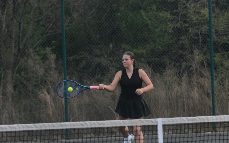 Pictured is Aubrey Alewine as her and Hannah Harris picked up the 6-0, 6-1 win at No. 1 doubles in the 4-1 win over the Lady Lions of Franklin County on March 27 in Carnesville. 
