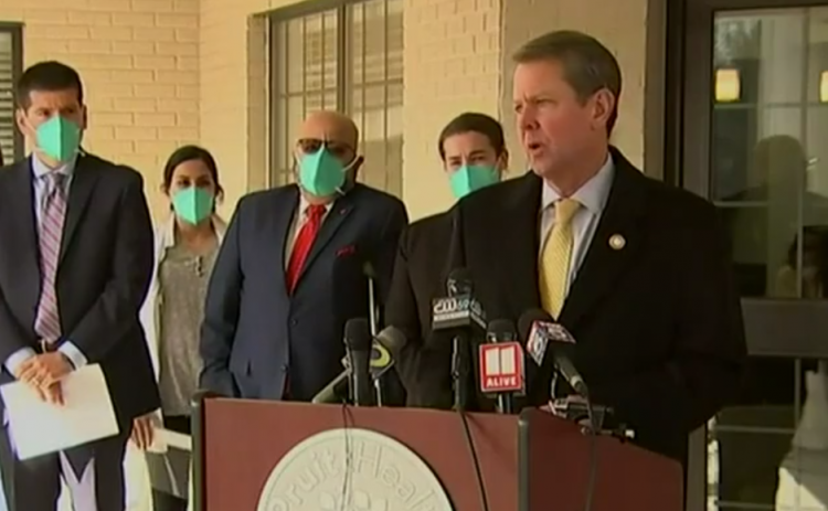 This screen shot taken from a Facebook live video shot by WSB in Atlanta shows Brian Kemp speaking about the coronavirus vaccine at Pruitt Health in Gainesville. 