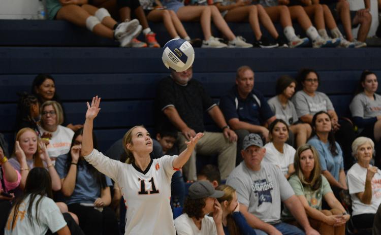 Senior Abby Hubbard serves the ball into play as the Volley Dogs split on the road Sept. 12. They fell against Oconee County in two sets, 2-0 and beat Franklin County in two sets, 2-0.