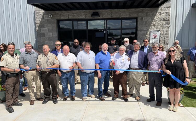 Hart County dignitaries were on hand at the new Hart County jail for a ribbon cutting April 29. Pictured from left to right: Capt. Wayne Hinson, Capt. Chris Carroll, Capt. David Cleveland, Commissioners Jeff Brown, Frankie Teasley, Joey Dorsey, Marshall Sayer, Sheriff Mike Cleveland, Rep. Alan Powell, Terrell Partain, and Lindsey Ingle. 