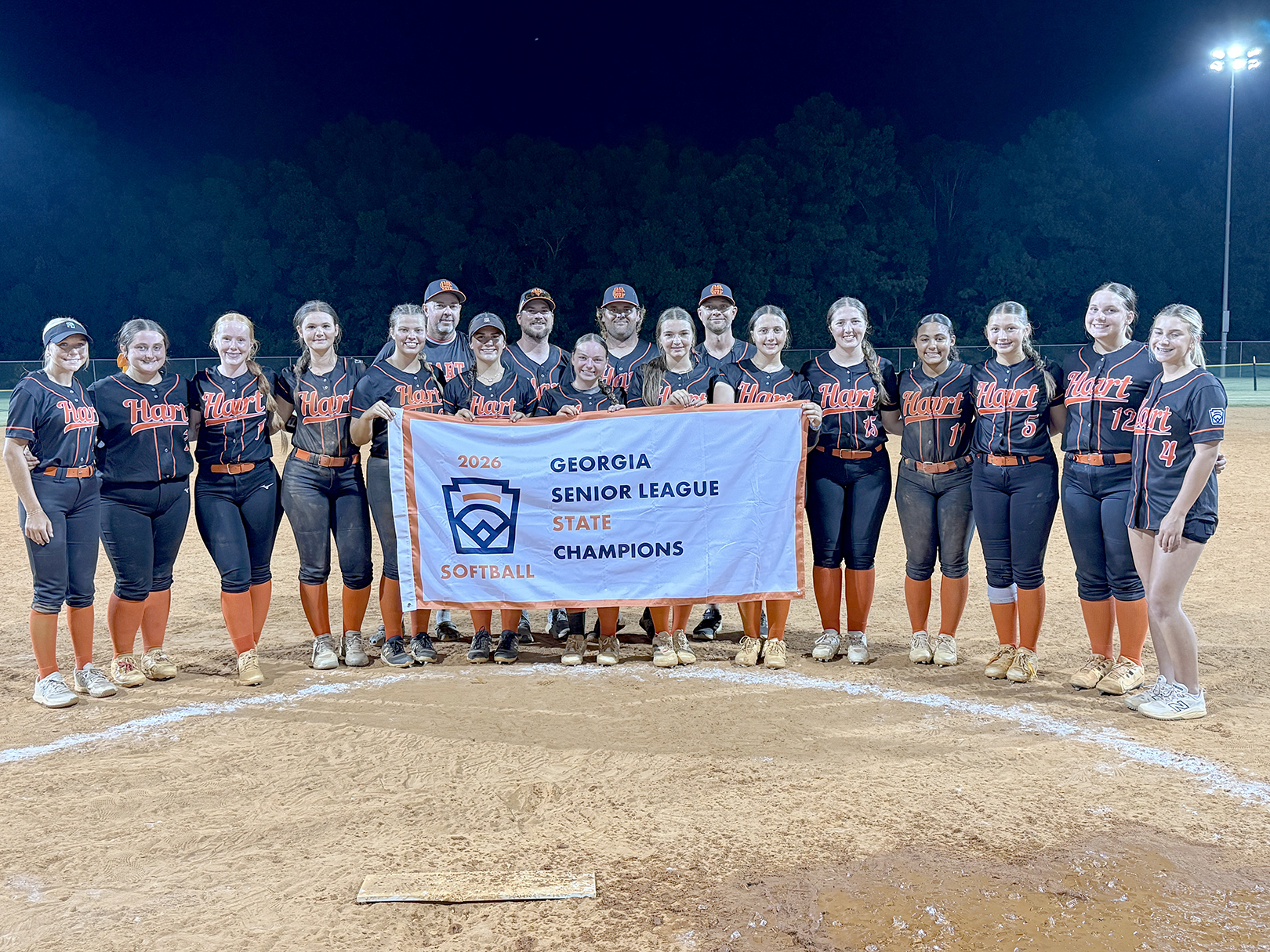 The Hart County Senior League softball team cruised their way to a 17-0 win along game one and a 15-0 win in game two to capture the team’s fourth straight state championship. The team is preparing to compete in the Southeast Regional in Clarksville, Tennessee, July 24-27 with the chance to repeat as the Southeast Regional Champions and advance to the Senior League Softball World Series in Delaware, Aug. 3-9. Photo courtesy of the Hart County Senior League Softball team. 