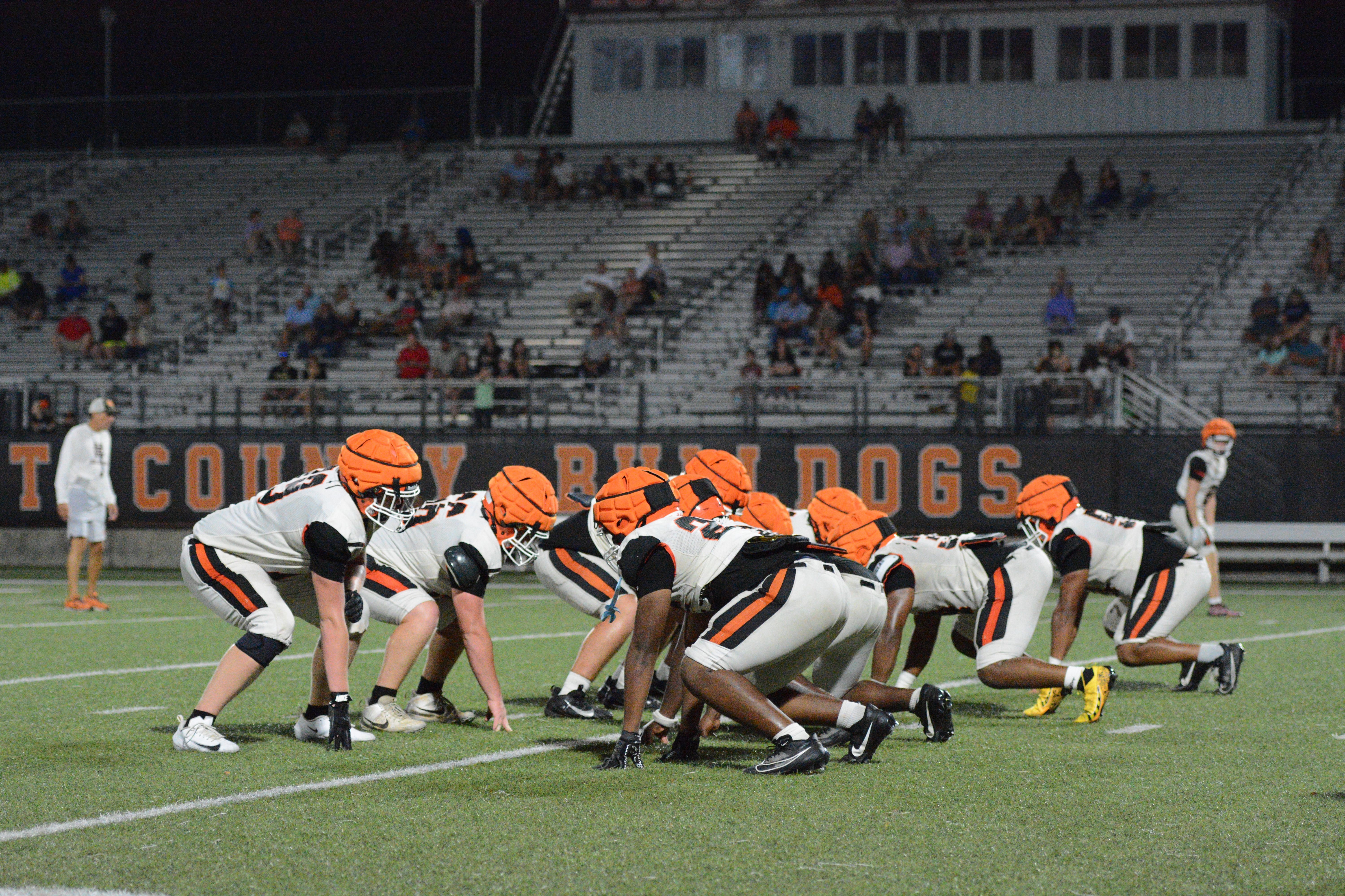 Bulldog Nation came out to Herndon Stadium July 30 to get a sneak peek of what the Hart County High School and Middle School Bulldogs would look like this upcoming season. All fans who attended brought either powdered laundry detergent or cases of water bottles for the teams to use during the season. HCHS now prepares to host Oglethorpe County Aug. 7 for the first of two scrimmages with kickoff set for 7:30 p.m. Photo by Benjamin London. 