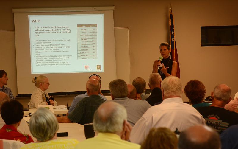 Sandy Campbell talks to property owners during a meeting about permit fee increases for shoreline activities.