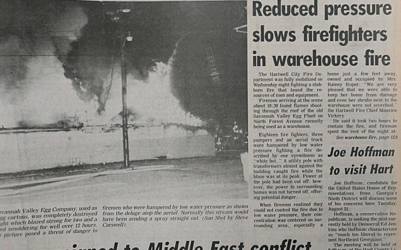 The front page of the Aug. 15, 1990 edition featured a photo and story about a warehouse fire on N. Forest Avenue in Hartwell.