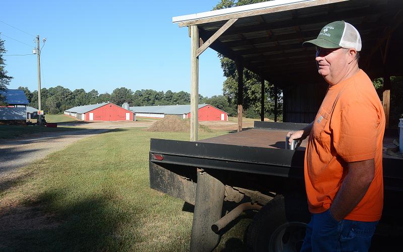 Sunshot by Michael Hall — Stacy Ayers looks over his poultry houses in Hart County recently. Ayers is one of dozens of Hart County chicken farmers who are contributing to Georgia’s robust poultry farming industry.
