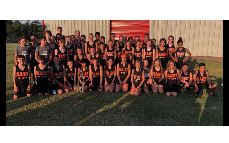Photo submitted — The Hart County Middle School cross country team poses for a photo after winning the region for the seventh year in a row last week.