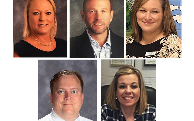 At the top, from left, Lydia Bennett of Hartwell Elementary, J.T. Stewart of South Hart Elementary and Haley Smith of North Hart Elementary. At the bottom is Kevin Gaines, left, Hart County High School and Jacqueline Brock, right, Hart County Middle School.