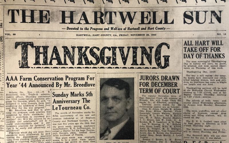 Thanksgiving wishes from the Hartwell Sun in 1943