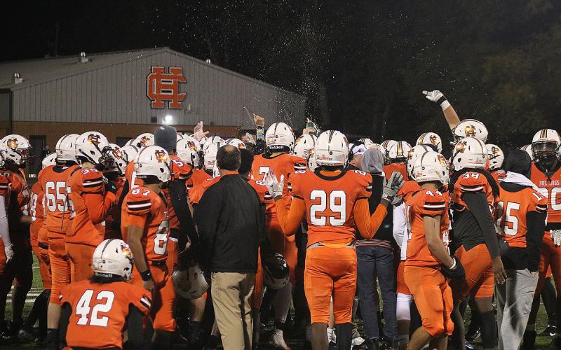 The Hart County Bulldogs celebrate their win over Haralson County last week at Herndon Stadium.