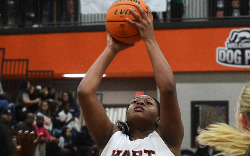 Taniya Alexander puts up a shot recently at Hart County High School on Ensley-McCurley Court.