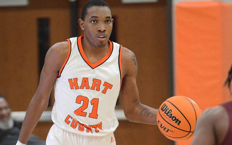 Hart County's Shone Webb brings the ball up court in a recent game at Hart County High School on Ensley-McCurley Court.
