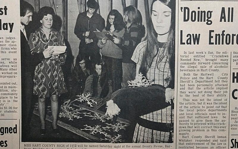 The front page from Jan. 13, 1972, featured a photograph of students getting ready for the Miss Hart County High pageant. Pictured are, kneeling, from left to right are, Anne Black and Becky McLane. Standing left to right are David Eaves, Hellen Dowis, Bobby Little, Beth Cacchioli and Debra Bagwell.