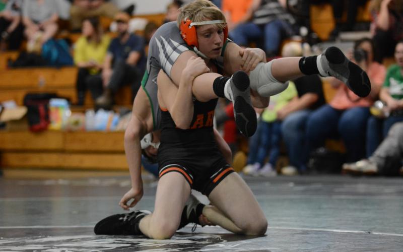 Sunshot by Grayson Williams - Hart County’s Duncan Ringer wrestles a Franklin County opponent on Tuesday in Carnesville.
