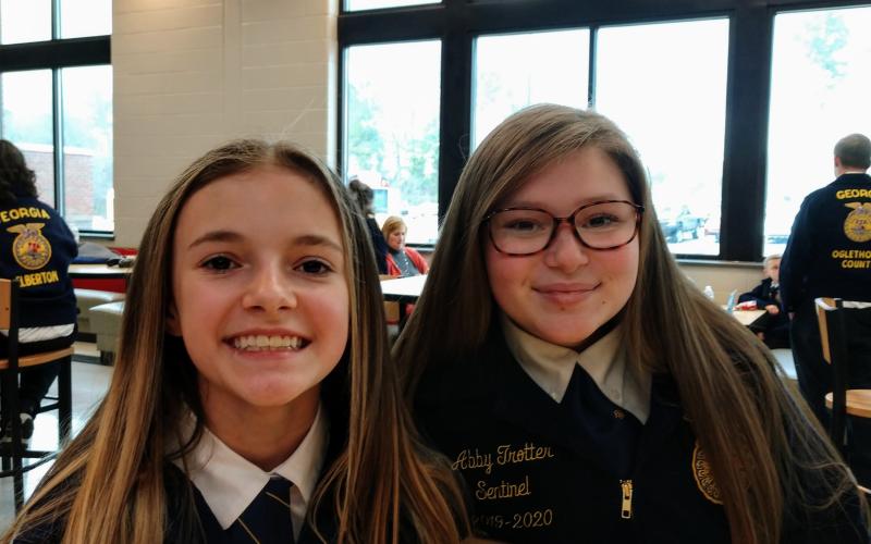 Photo submitted Hannah Coker and Abby Trotter were pumped up ahead of their public speaking CDE’s at Madison County High School. Hannah competes in Creed Speaking and Abby competed in Prepared Public Speaking.