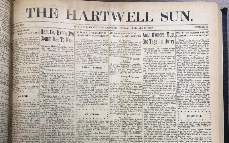 The Hartwell Sun in 1920