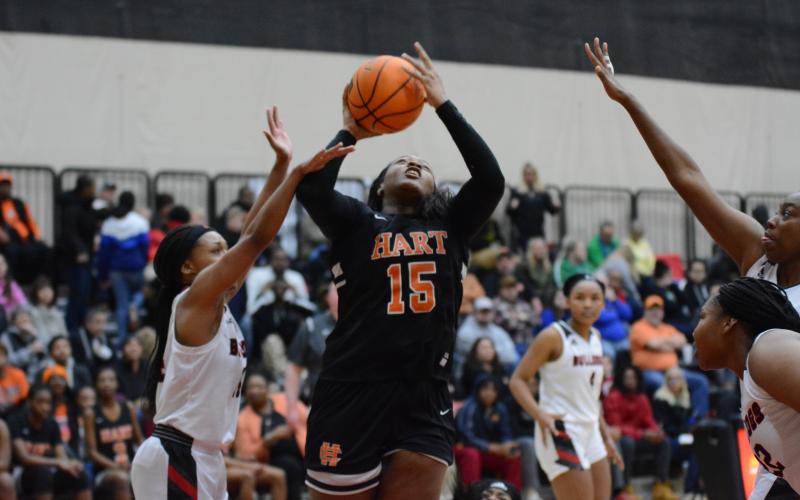 Sunshot by Grayson Williams - Hart County’s Taniya Alexander puts up a shot against Franklin County at Emmanuel College on Feb. 7.