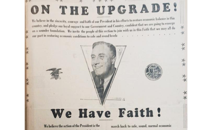 A full-page ad in the March 17, 1933 edition of The Hartwell Sun touted two banks' faith in FDR to bring the U.S. out of the Great Depression.
