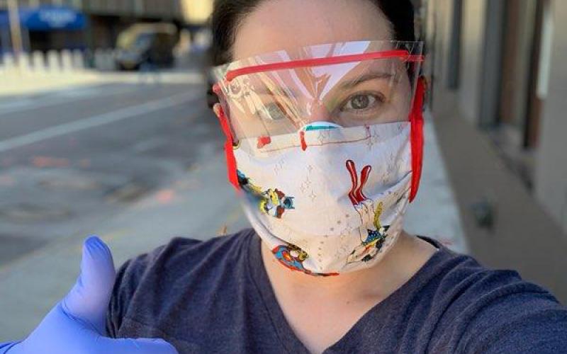 Franklin County native and nurse Joanna Davis Malcom is pictured during her recent mission to New York City to help the city’s overwhelmed hospital system during the coronavirus pandemic. Malcom is wearing a shirt made for her by Franklin County’s Paula Tyner.