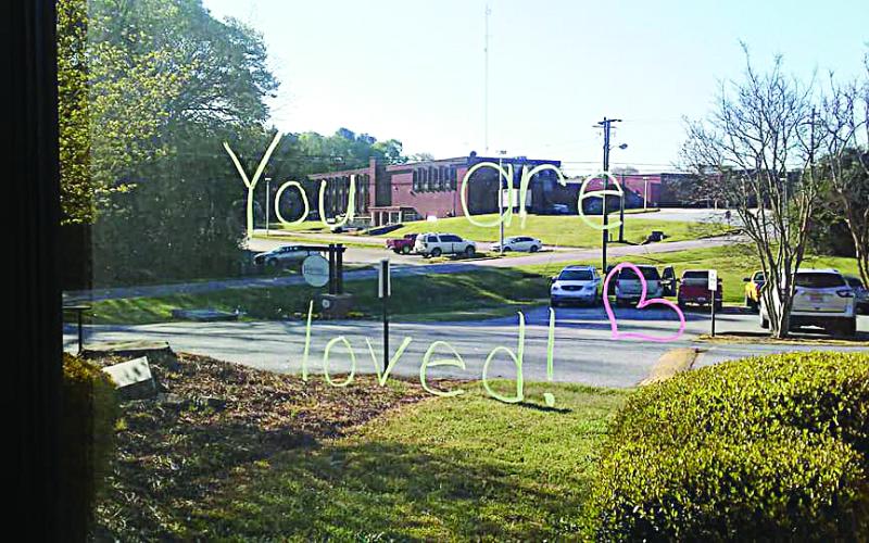 A message of love as written on a window by teacher Kristen Zemaitis at Hartwell Health and Rehab.