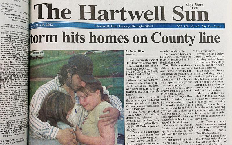 The front page of The Hartwell Sun from May 8, 2003