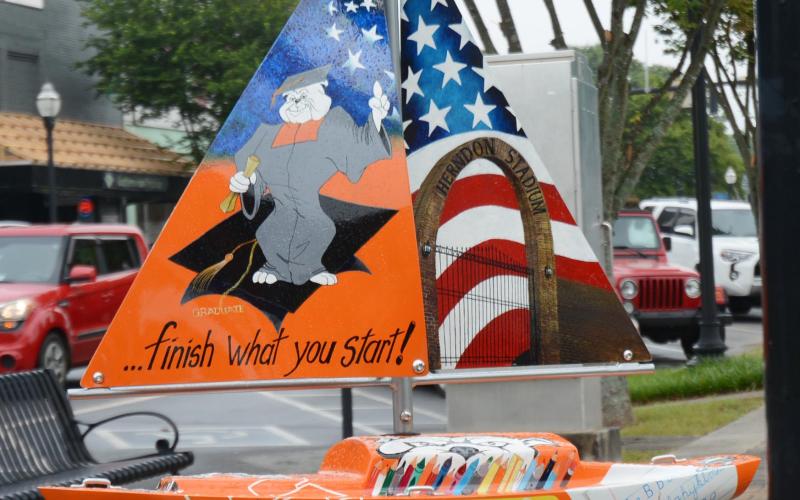 The education-themed sailboat is shown in downtown Hartwell.