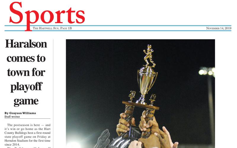 The Sun's Nov. 14 sports front page is shown. Grayson Williams was awarded first place recently for sports coverage in Division E.