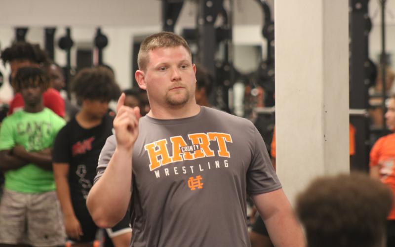 Sunshot by Grayson Williams — Matt Patton, new Hart County Middle School football coach, speaks to players during the first day of workouts on Monday at the high school.