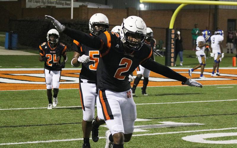 Defensive back Montae Maxwell celebrates after making a play during Hart County's scrimmage game against Washington Wilkes in 2019.