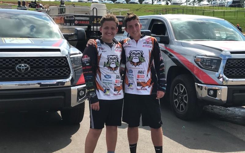 Photo submitted - Griffin Milford, left, and Dawson Carden, right, pose for a photo after the Mossy Oak Fishing Bassmaster High School Series on Lake Hartwell on Aug. 30.