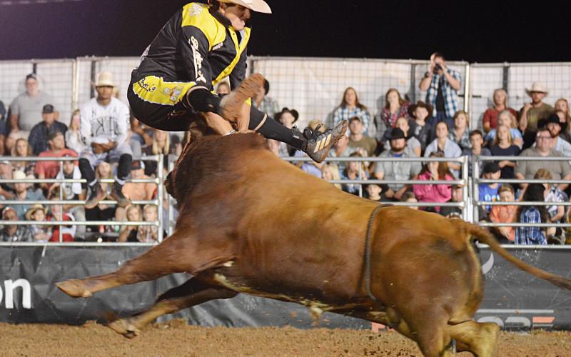 Alex McWilliams, of Paso Robles, Calif., attempts to jump over a bull charging out of the gate, but didn’t quite make it. McWilliams needed medical attention from paramedics after the maneuver, but was not seriously injured.