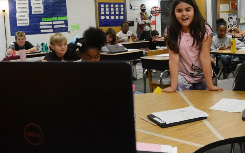 Students in Renea Colson’s fifth-grade class participate in a Zoom call with University of Georgia football players on Tuesday, Sept. 29.