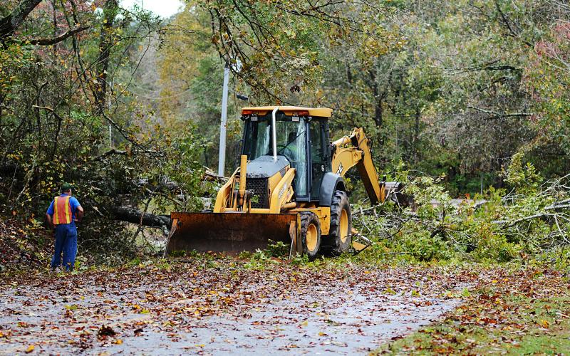 A road crew clears a tree across Payne's Creek road in Hart County Thursday morning.