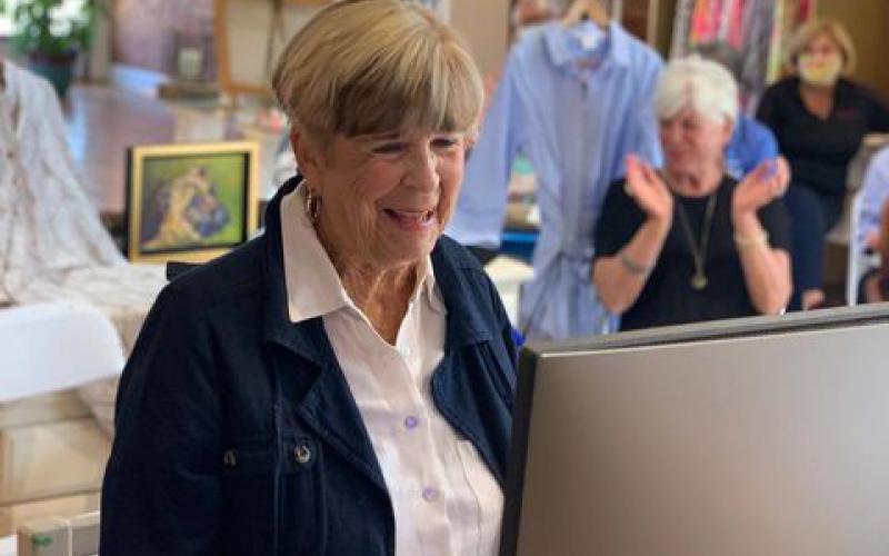 Photo submitted Tammy Hutchinson learns via virtual announcement that she was named as second runner up in a national Main Street volunteer competition.