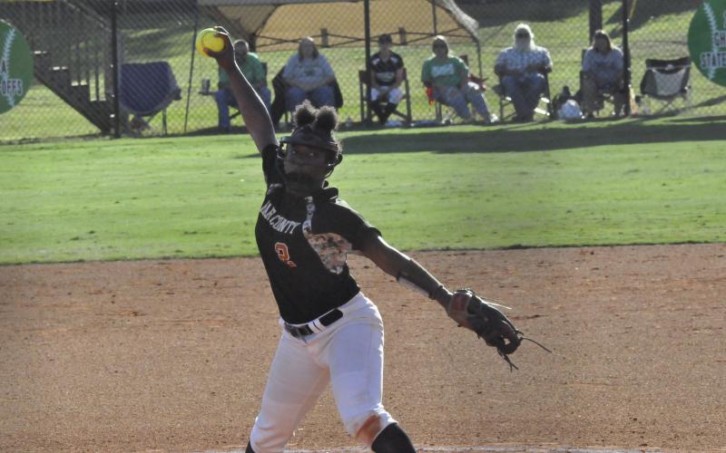 Photo by Marcus Etiene/The Toccoa Record Taikibrea “Red” Campbell pitches on Oct. 15 against Stephens County High School at Franklin County High School in the Region 8-AAA tournament.