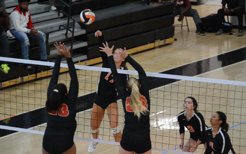 Dakota Phillips spikes the ball during the Volleydogs match Tuesday, Oct. 20 at Hart County High School.