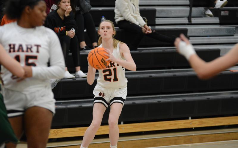 Sunshot by Grayson Williams - Bre Worley puts up a shot on Tuesday, Jan. 5 at Hart County High School in the Lady Dogs’ win over Rabun Gap-Nacoochee.