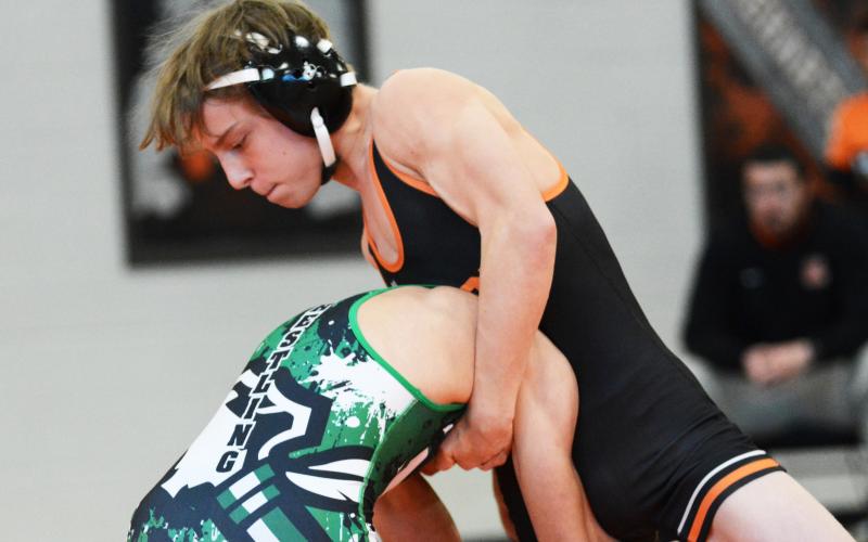 Sunshot by Michael Hall - Wesley Ringer avoids a takedown attempt on Saturday, Jan.23, at Hart County High School before making quick work of his Murray County opponent in the state wrestling duals preliminary tournament.
