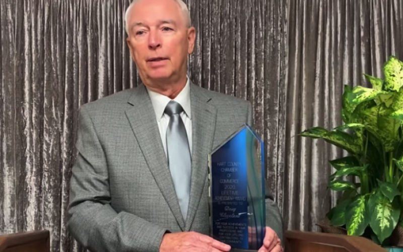 Photo from screenshot - Doug Cleveland accepts the Lifetime Achievement Award from the Hart County Chamber of Commerce recently in a virtual awards banquet.