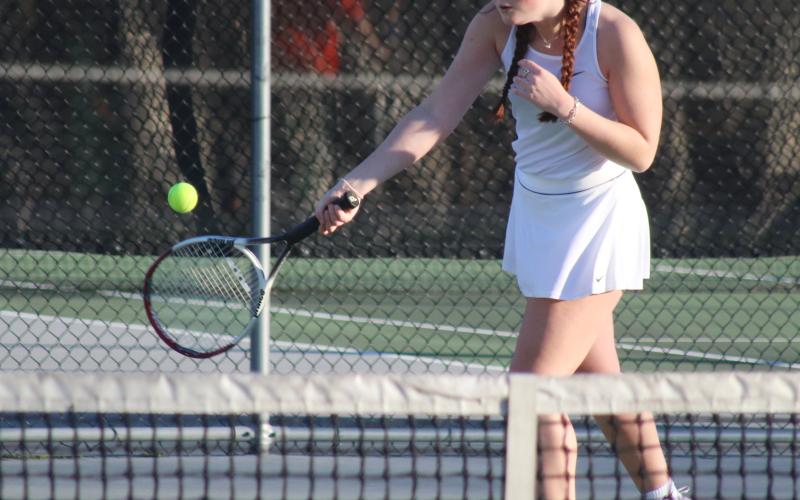 Elissa Windsor returns a volley on Monday, Feb. 22, at Hart County High School against Habersham Central.