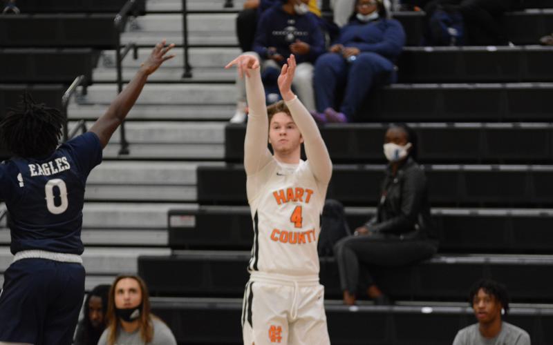 Hart County’s Ben Edwards puts up a three pointer against East Jackson on Tuesday, Feb. 2, at Hart County High School.