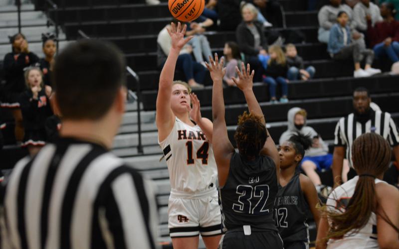 Hart County’s Dakota Phillips puts up a shot over East Jackson Defenders on Feb. 2.