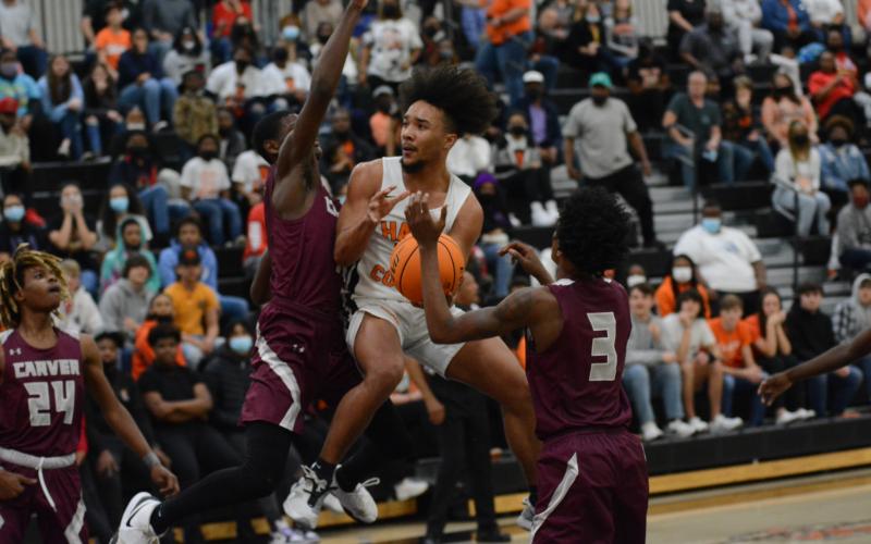 Sean Teasley gets some air against Carver Atlanta on Feb. 25 at Hart County High School.