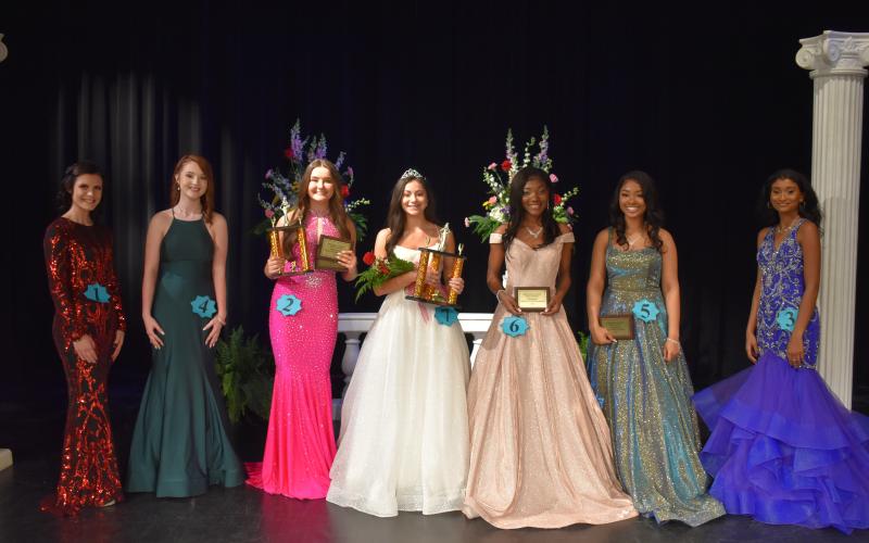 Left to right, Carley Cowart, Madison Cook, Ella Franklin (Runner Up), McKinley Ivester (Miss Freshman), Anieyah Seawright, Tykira Partlow and Terriah Bush.