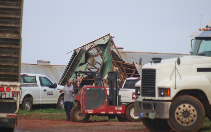 Sunshot by Grayson Williams - A pile of wood, metal and other materials shown is all that is left of a chicken house at a Woodland Way farm as workers clear the damage from a series of storms that swept through Hart County on March 25 and 26.