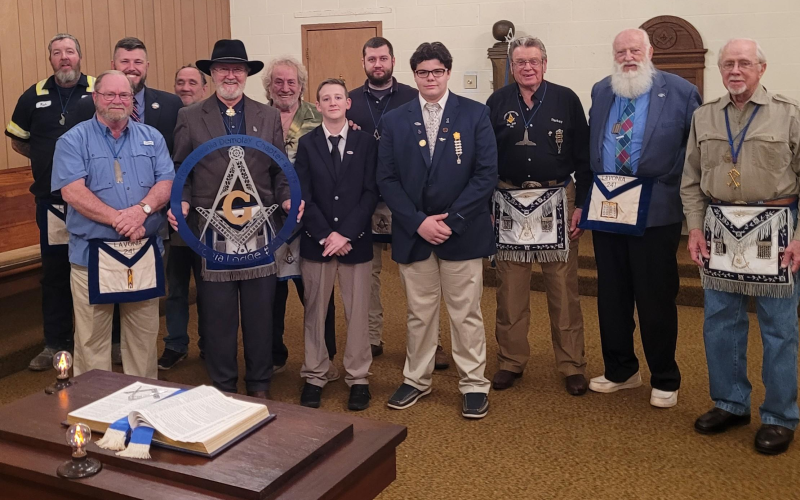 Ben Gettys and Ethan Venables joined by the Brothers of Lavonia Lodge No. 241, F&amp;AM, from left to right, “Rich” Richards, Mark Sewell, Josh Blakely, Ed Perkins, Jackson Rogers, David Post, Ben Gettys, Matthew Johnson, Ethan Venables, Bill Pankey, Ben Johnson and Buddy Chastain.