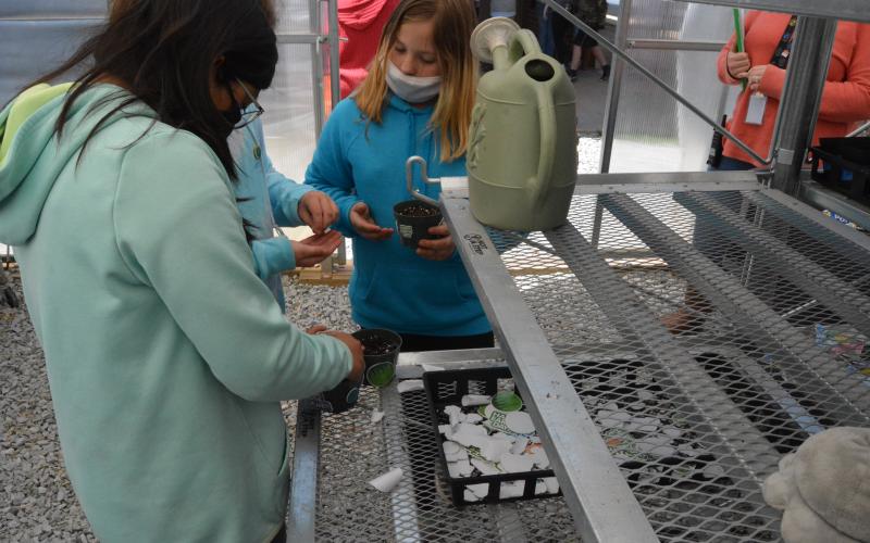 Drew Dotson/The Hartwell Sun - Estrella Reyesa Rojas and Makayla Dutton plant seeds in pots.
