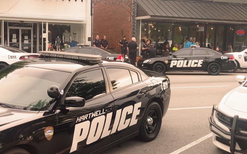 Dan Hunt/The Hartwell Sun - Hartwell city police gather outside Southern Hart Brewery on June 2 in an apparent show of force ahead of the restaurant’s ‘bike night.’
