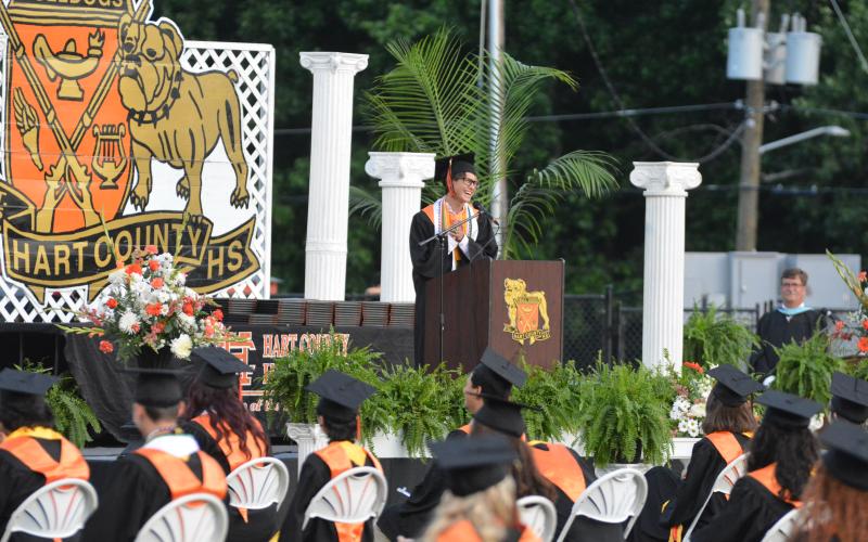 Drew Dotson/The Hartwell Sun - Salutatorian Ben Tellano addresses his peers June 4 at Pete Herndon Stadium during Hart County High School’s graduation.