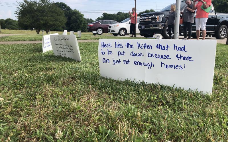 Grayson Williams/The Hartwell Sun - Residents and Humane Society reps set up signs in protest of the county’s current animal control ordinance.